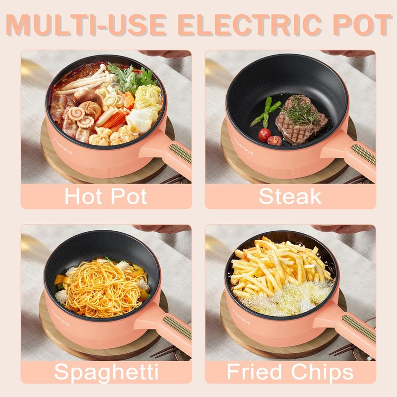TopWit Hot Pot Electric, 𝟐𝐋 Electric Pot, Portable Non-Stick Portable Cooker, Sauté Pan for Steak, Egg, Fried Rice, Ramen, Soup with Dual Power Control (Silicone Spatula Included), Peach - Image 4